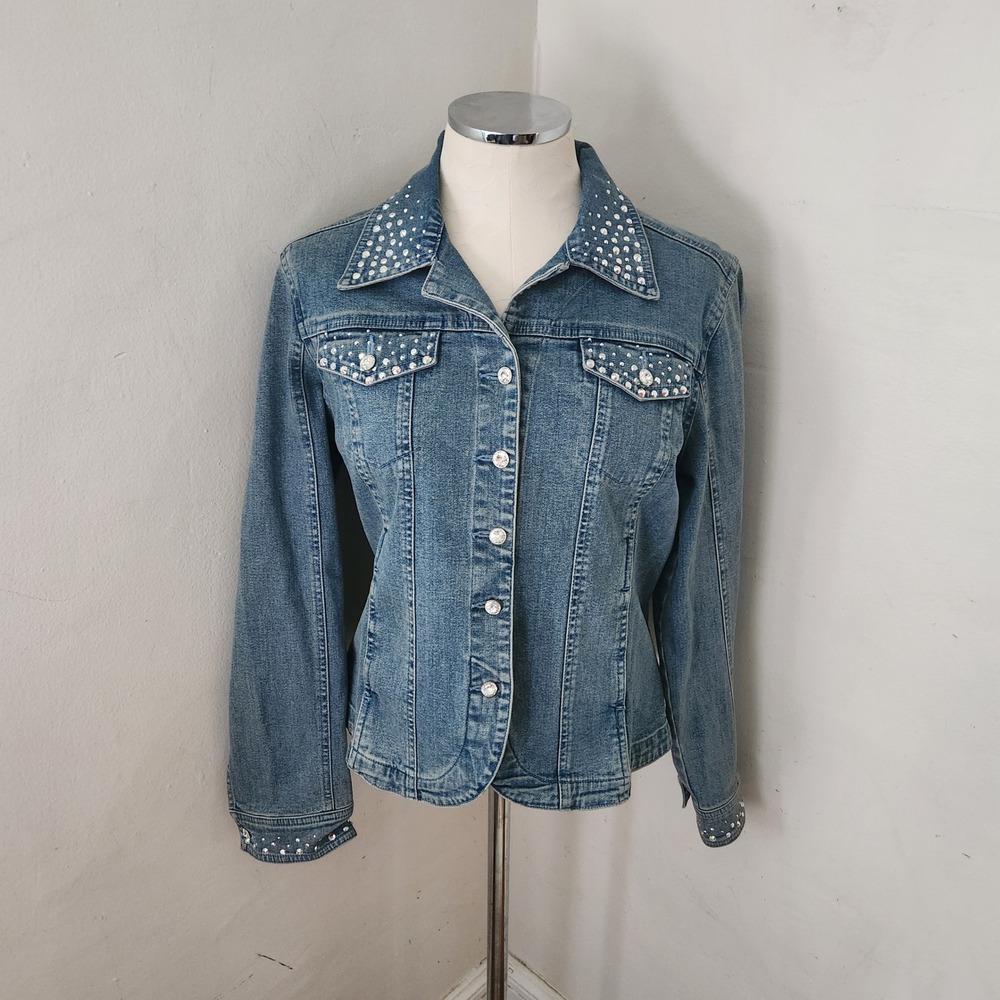 Christine Alexander Rhinestone Embellished Denim Jacket Medium Wash Womens M